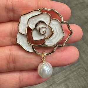 Gold and White Rose Brooch with Pearl Drop